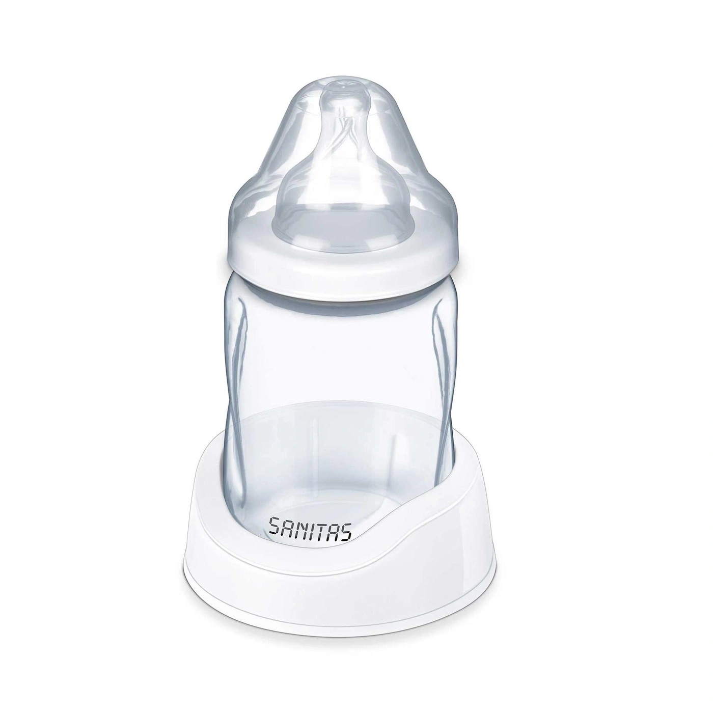 Un calientabiberones blanco con un biberón transparente y un accesorio de tetina.