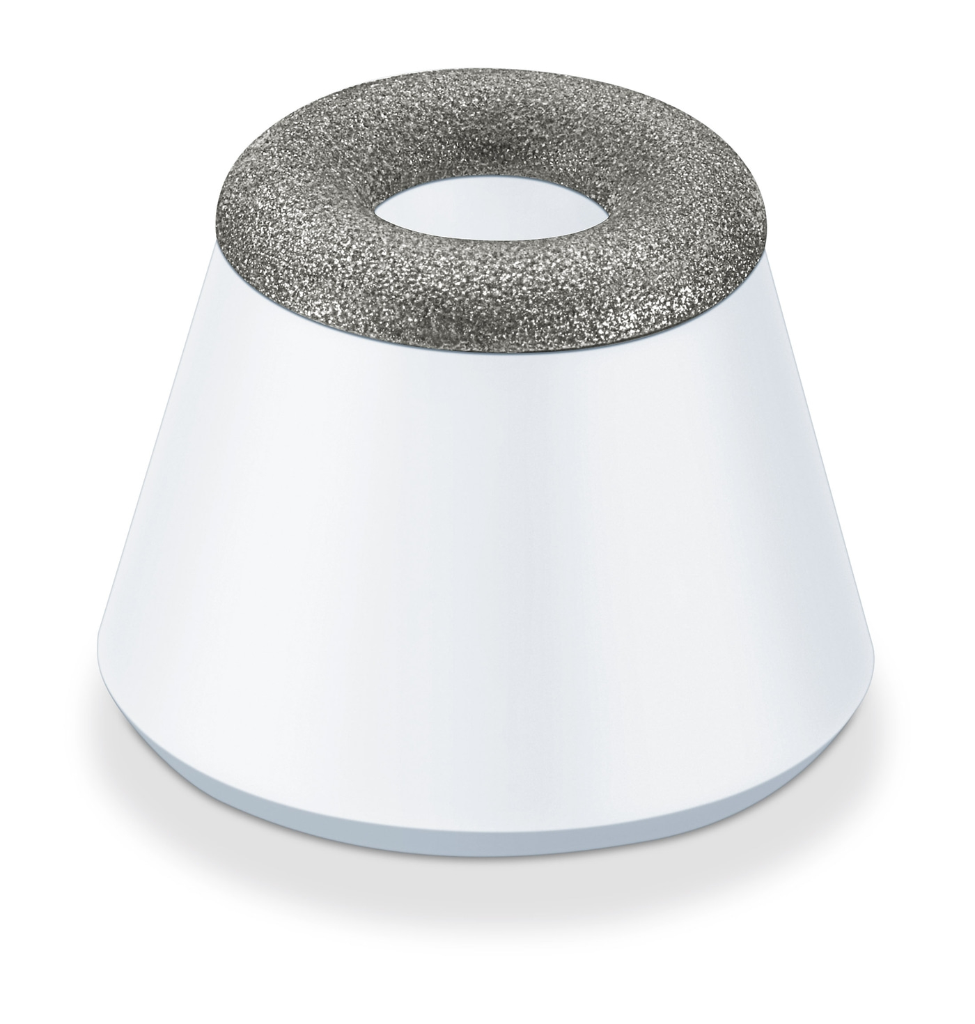 Cono blanco con anillo gris. Herramienta de manicura. Cuidado de uñas.