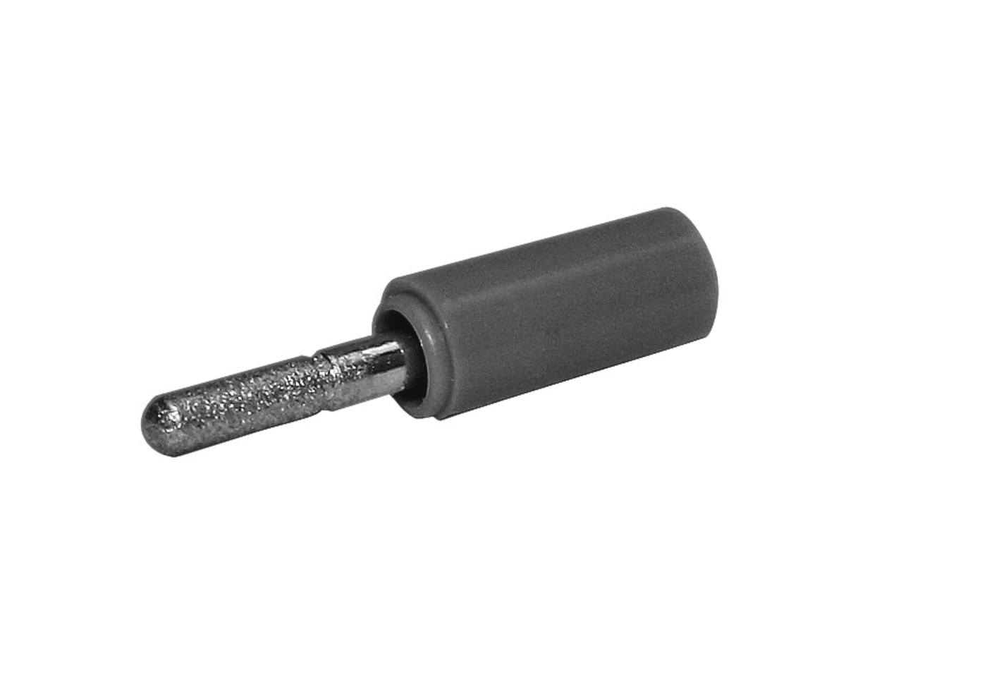 Enchufe gris con mango cilíndrico y pasador metálico, aislado sobre fondo blanco