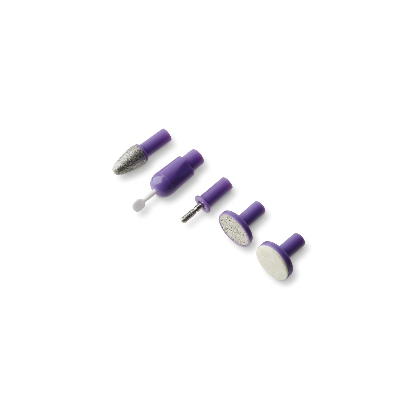Cinco puntas de fresa de uñas moradas sobre fondo blanco.
