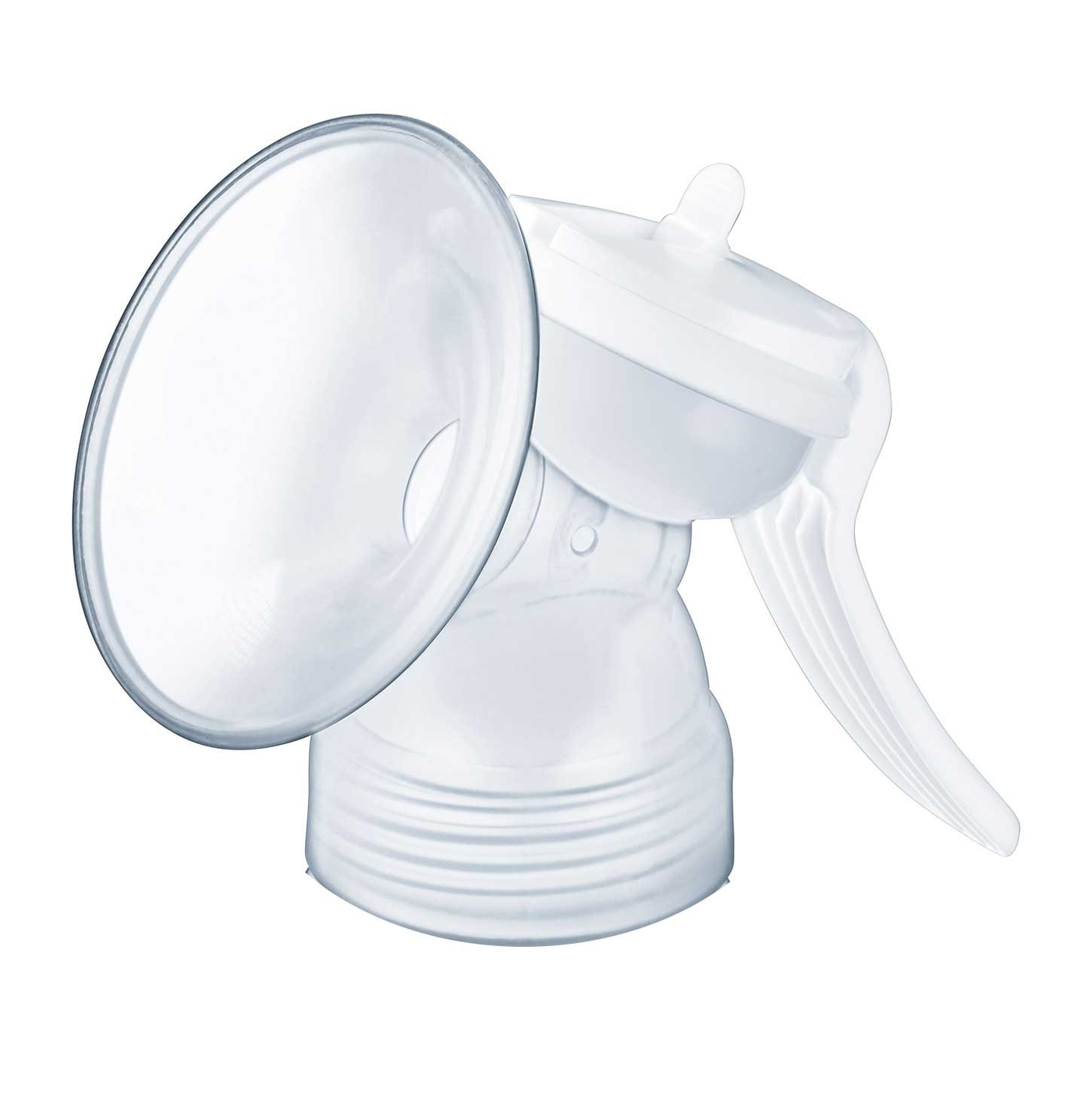 Extractor de leche transparente con mango y embudo. Accesorio para la alimentación del bebé.
