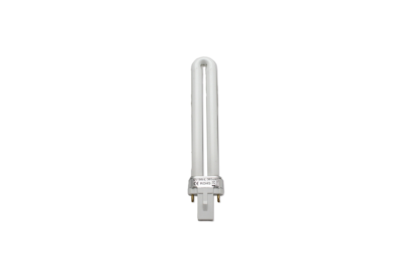 Lámpara en forma de U, blanca, con marcas UV-9W-L 365nm, CE ROHS, aislada sobre fondo blanco