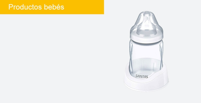 Biberón con base blanca y fondo amarillo, marca Sanitas para bebés