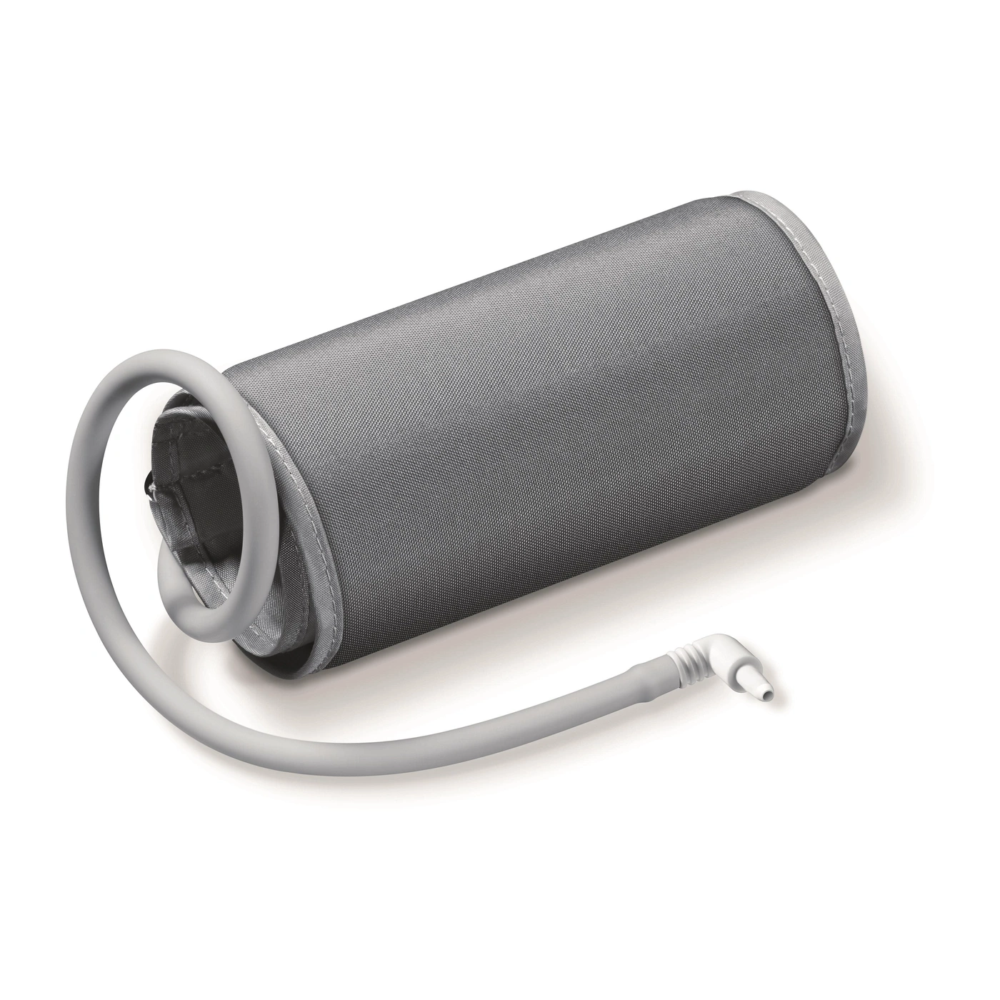 Un tubo de manguito de presión arterial gris con conector blanco.