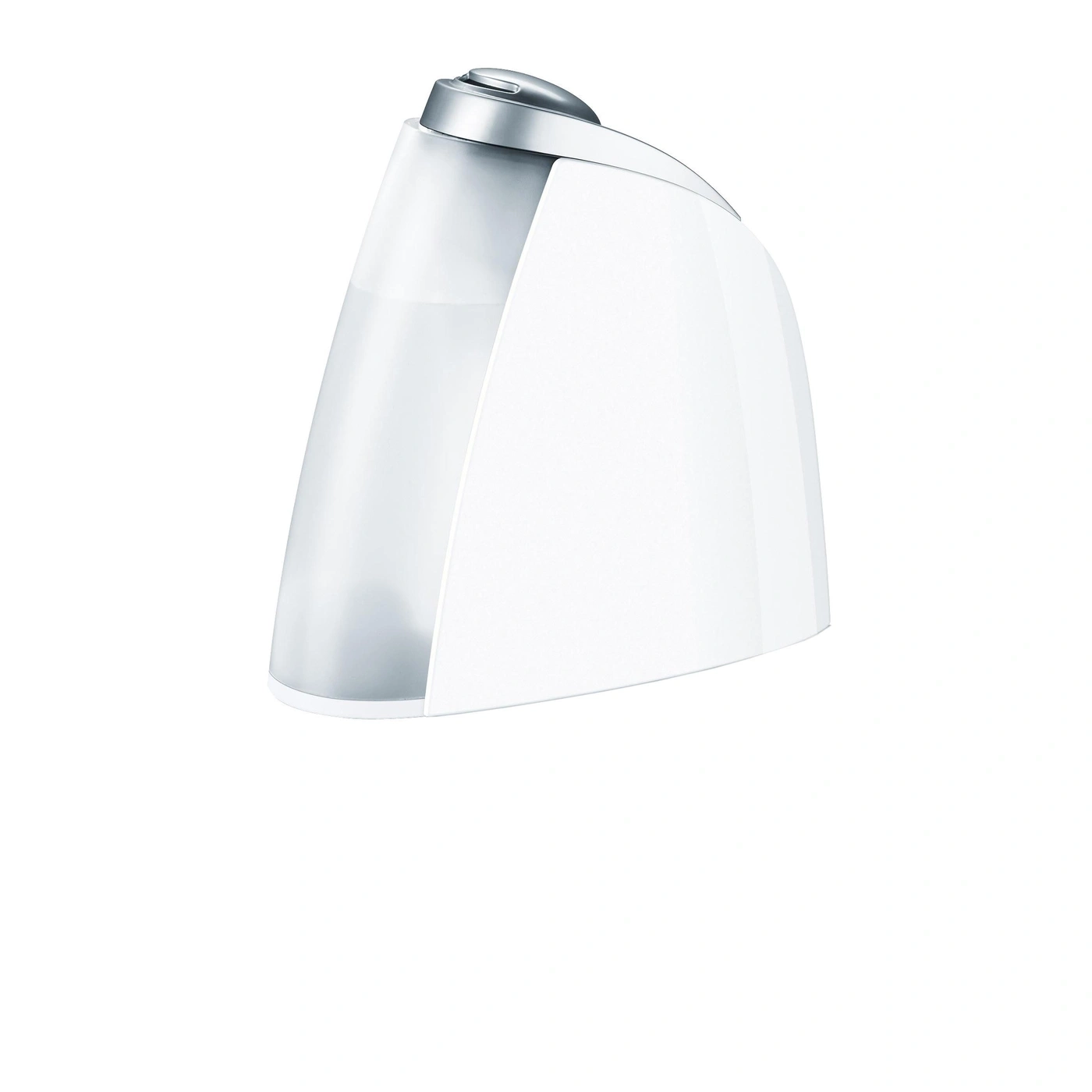 Un humidificador blanco con depósito de agua transparente y tapa plateada.