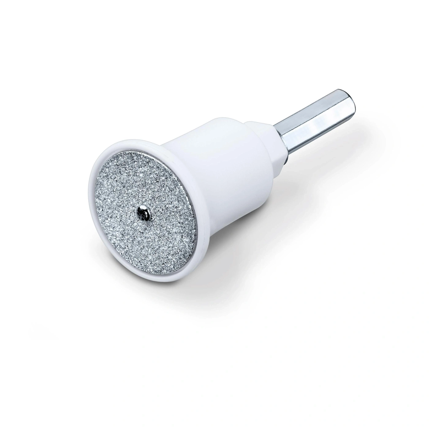 Un accesorio blanco con una superficie rugosa y brillante y un eje plateado.