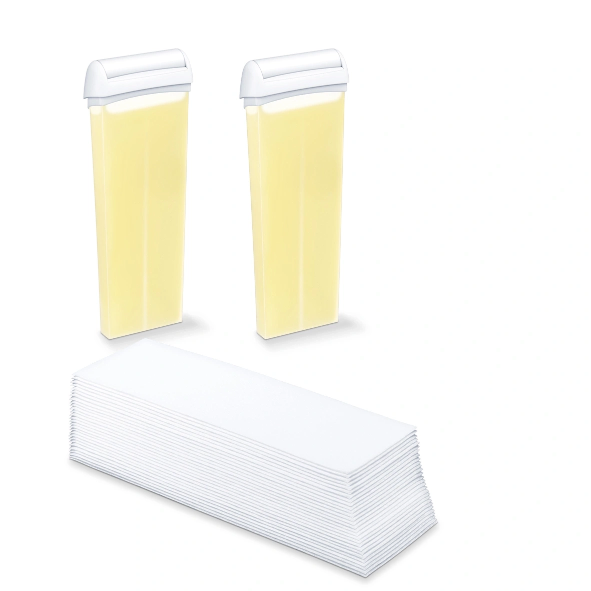 Dos cartuchos de cera y una pila de tiras de cera sobre fondo blanco.