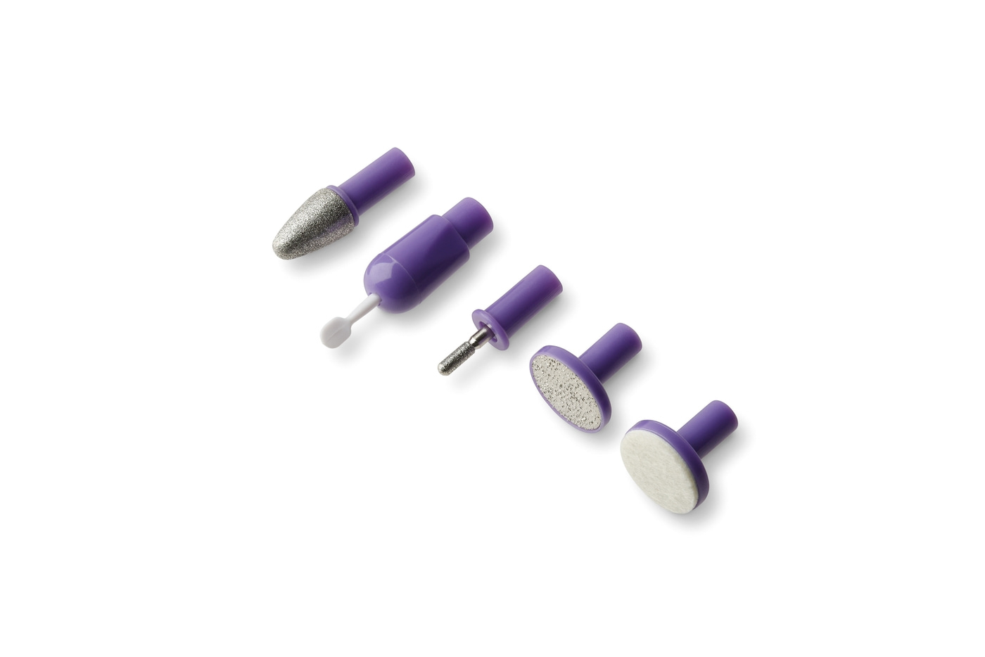Herramientas de manicura moradas sobre fondo blanco, varias formas y tamaños