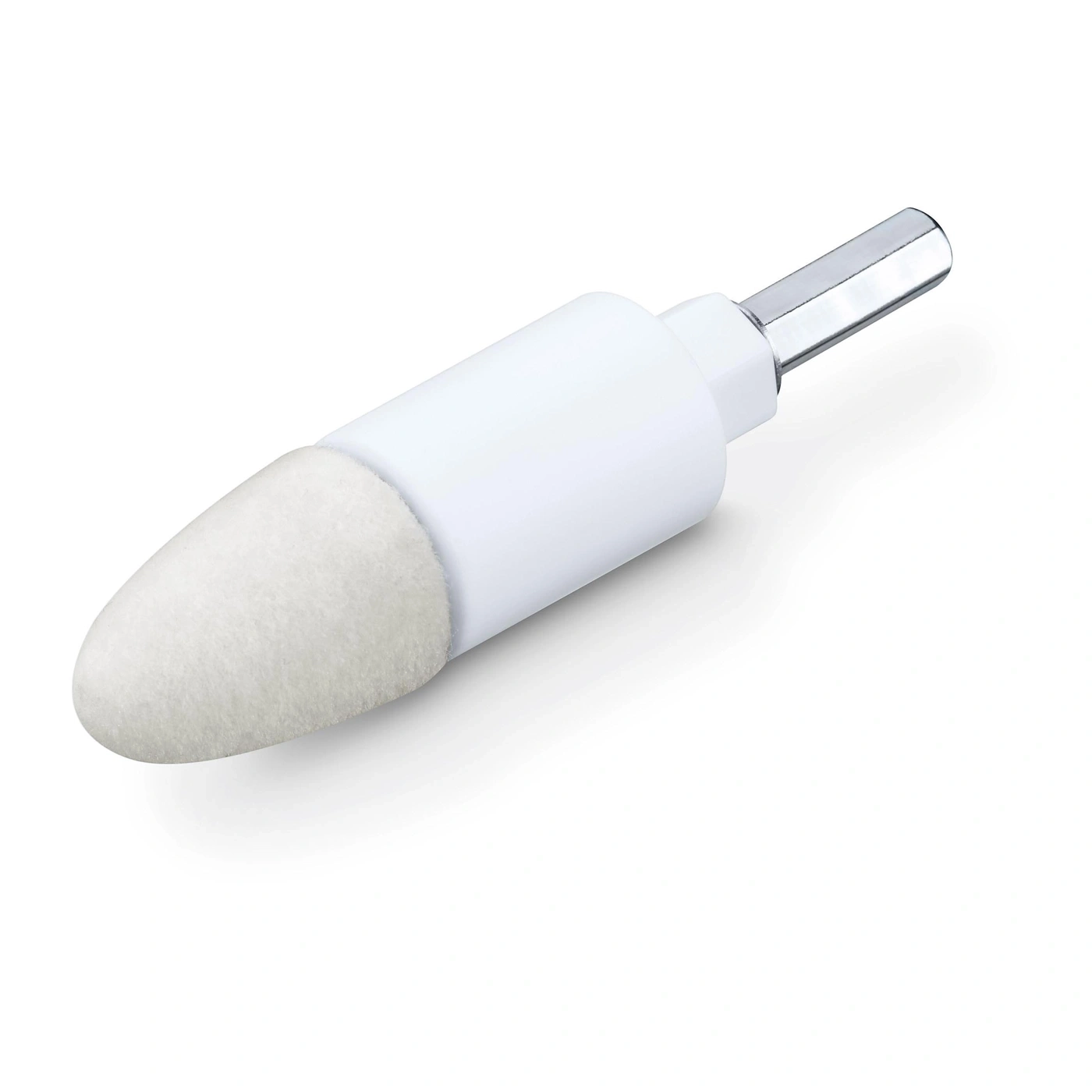 Una broca de pulido blanca en forma de cono con superficie de fieltro y vástago de metal