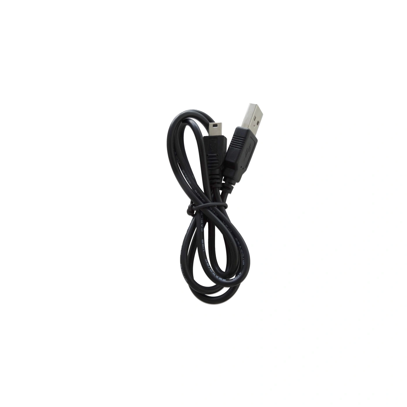 Un cable USB negro con conector mini-USB, enrollado.