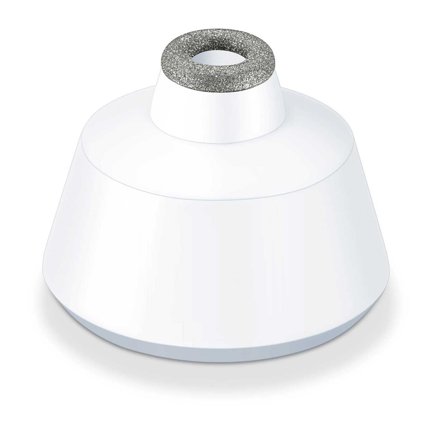 Dispositivo blanco con anillo de esmerilado gris, primer plano, aislado en blanco