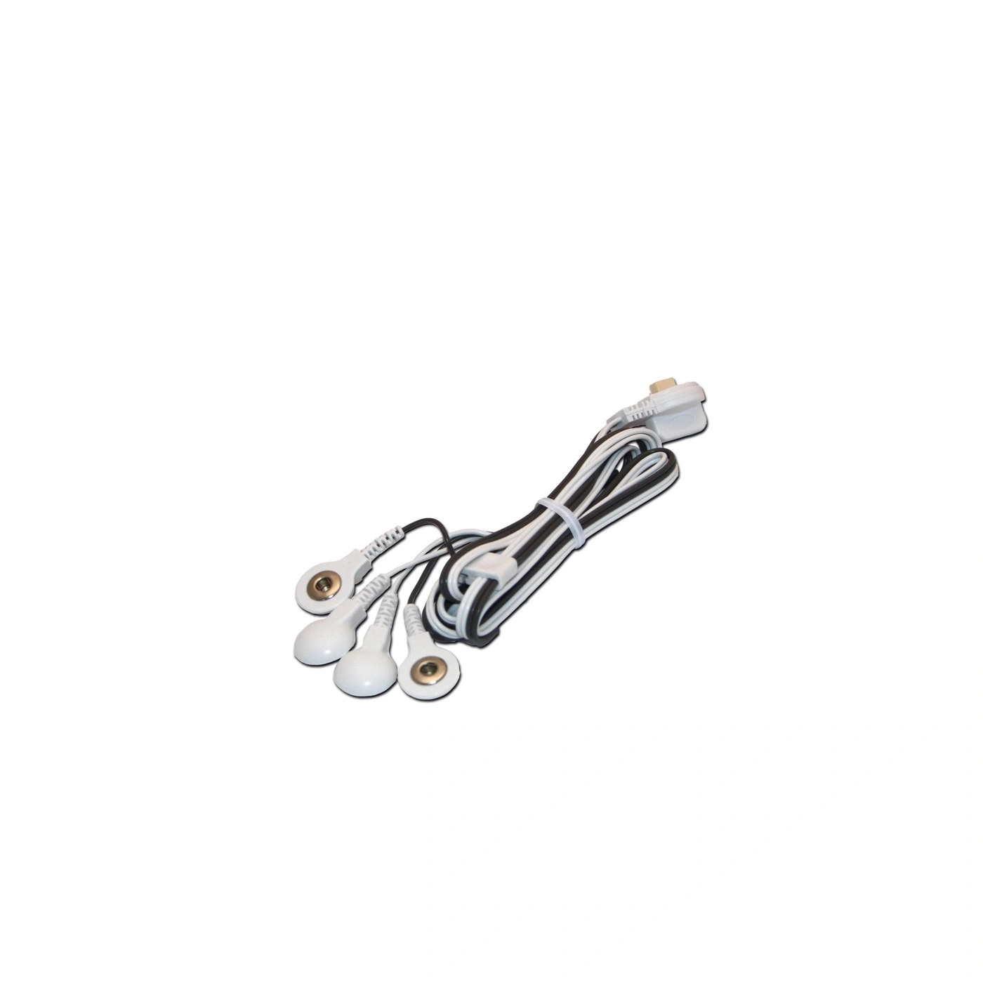 Un cable blanco con tres electrodos blancos y un enchufe.