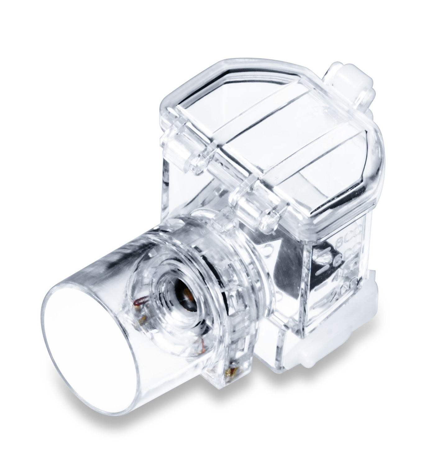 Dispositivo médico transparente con conector cilíndrico y tapa, primer plano aislado