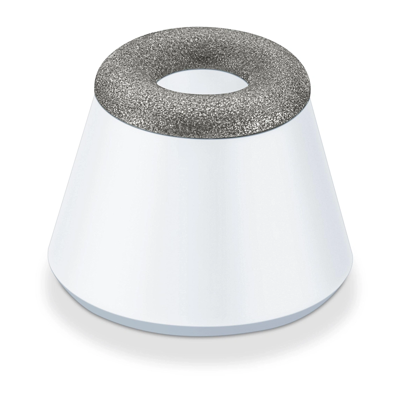 Un cuerpo blanco cónico con un accesorio anular y granulado.