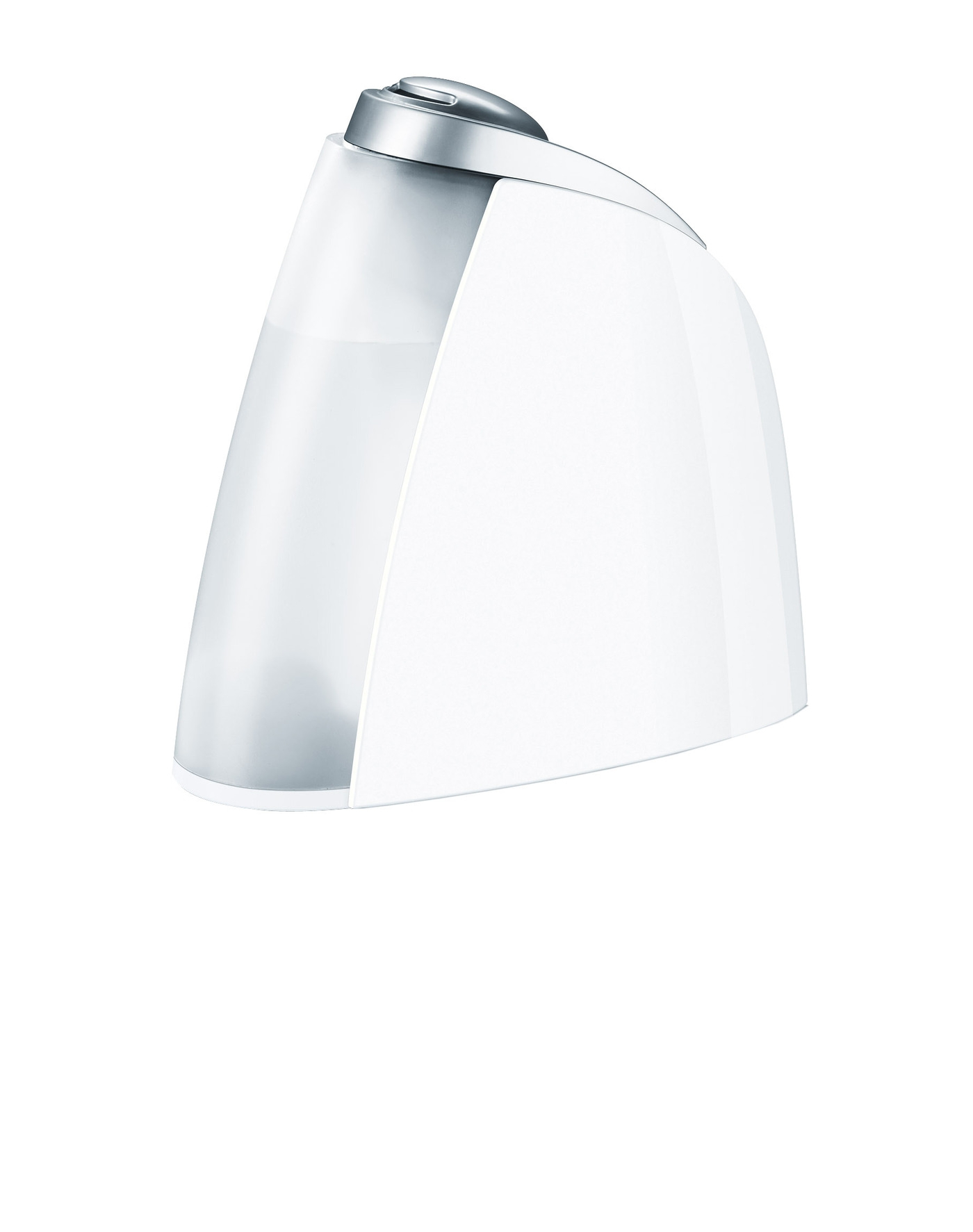 Humidificador blanco con tapa plateada, diseño moderno, aislado sobre fondo blanco.