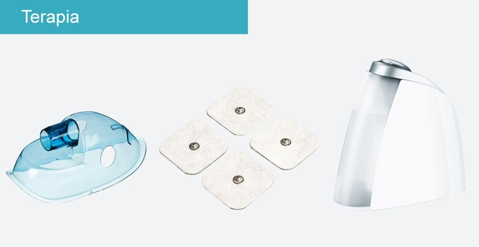 Dispositivos médicos: mascarilla, almohadillas y nebulizador para terapia.