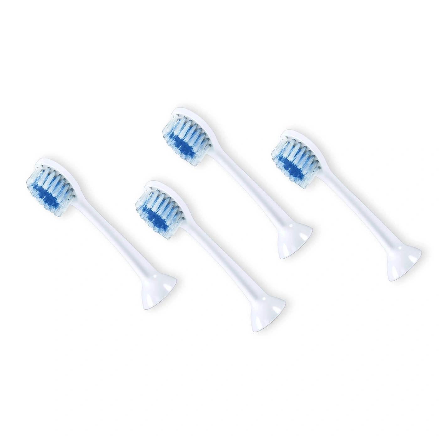 Cuatro cabezales de cepillo de dientes blancos nuevos con cerdas azules dispuestas diagonalmente.