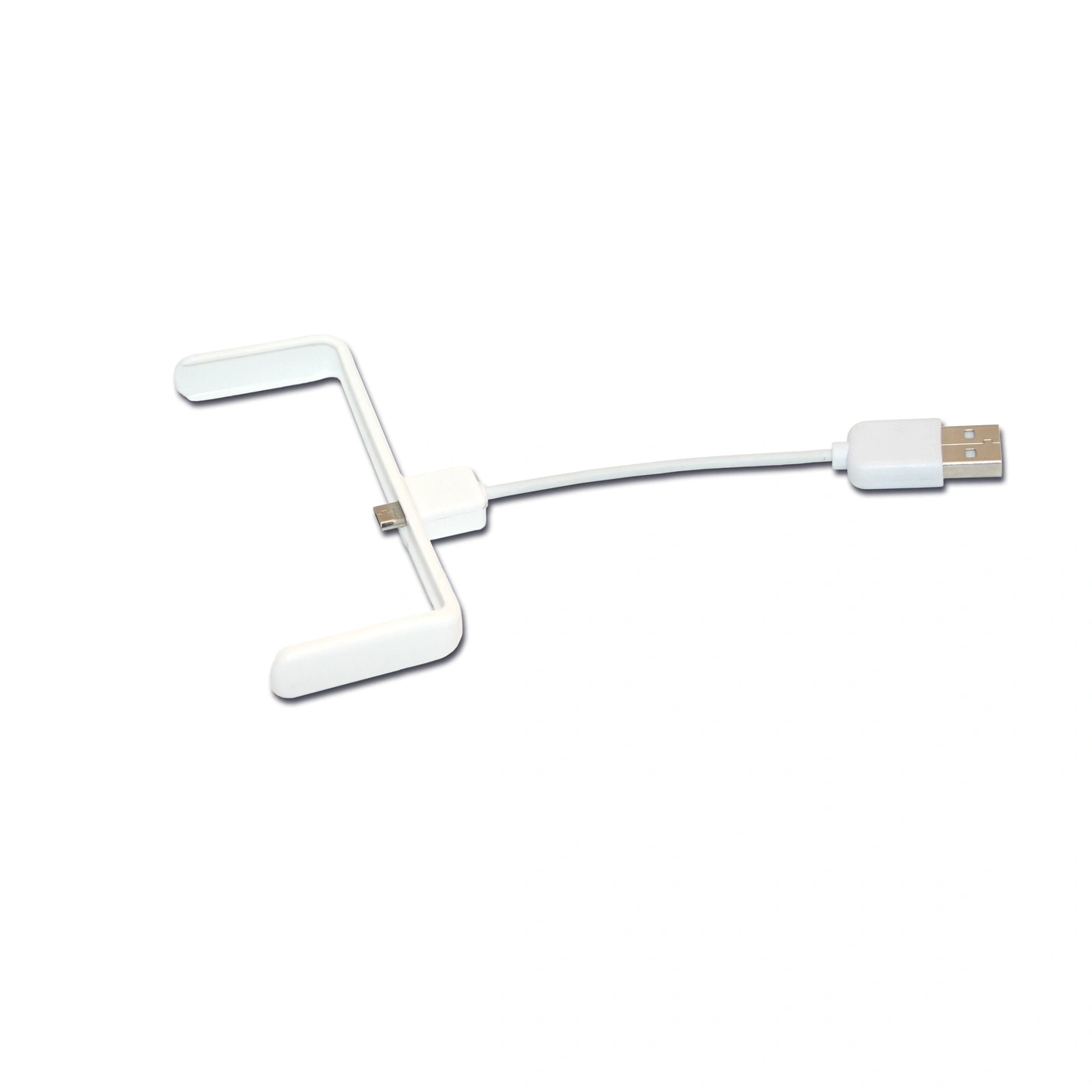 Un adaptador USB blanco con conector micro USB y enchufe USB-A.