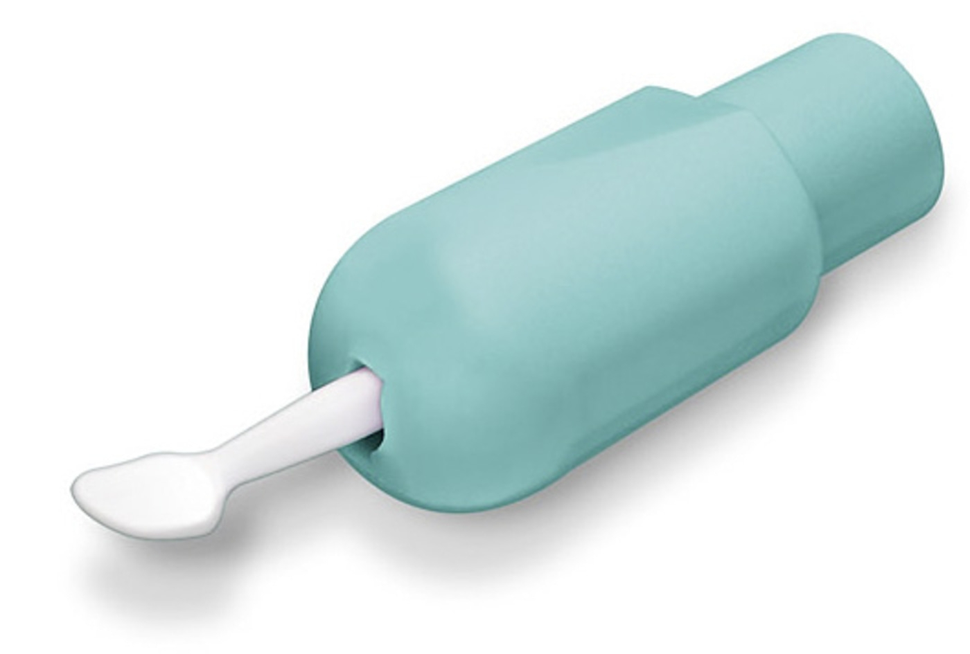 Objeto turquesa con tallo blanco y extremo de cuchara, aislado sobre fondo blanco