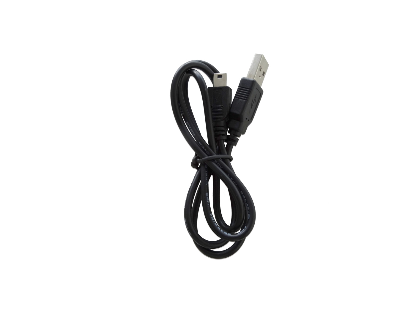 Cable USB negro con conector micro USB aislado sobre fondo blanco.