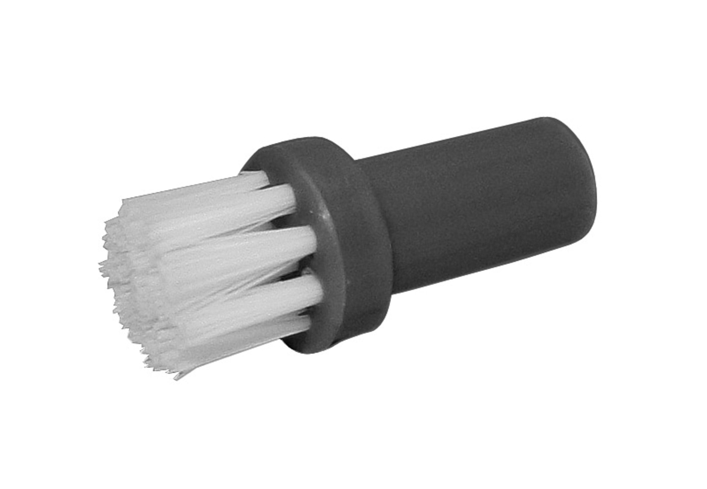 Cepillo con mango, cabezal de cerdas blancas, herramienta de limpieza, primer plano, gris